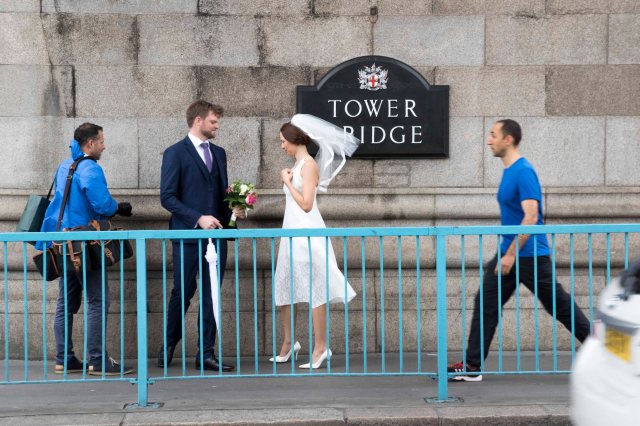 Bride and groom on Tower Bridge